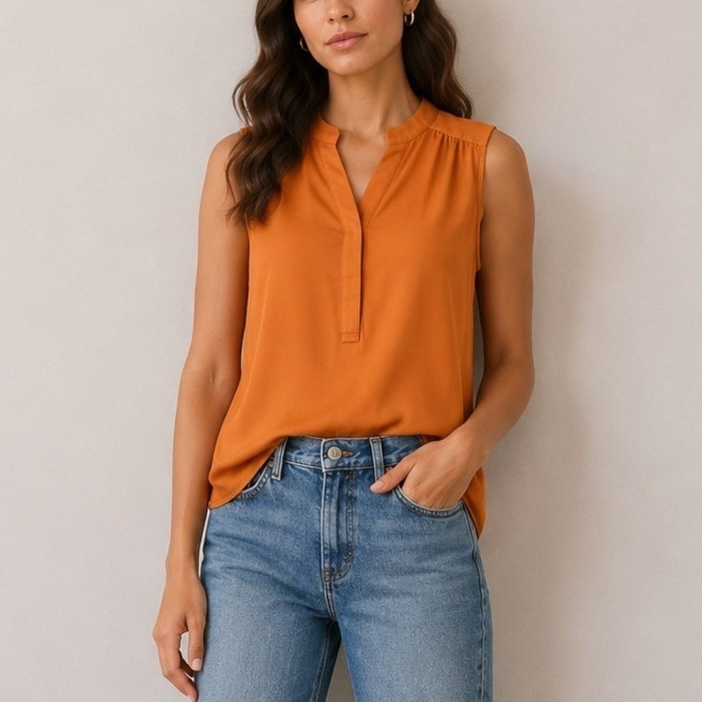 Banana Republic Orange Silk Sleeveless Blouse Quiet Luxury Henley | Size 14